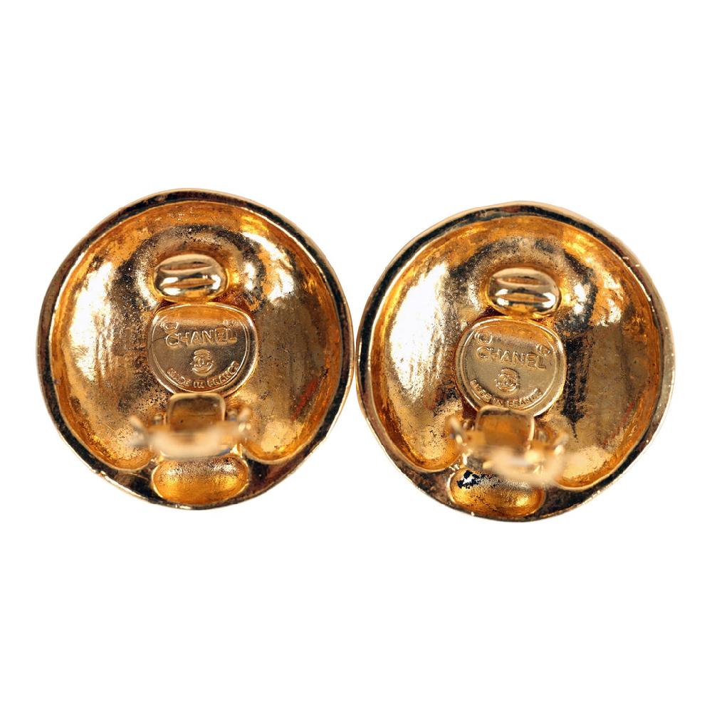 Vintage Chanel 24K Gold Plated Round Coco Mademoiselle Earrings