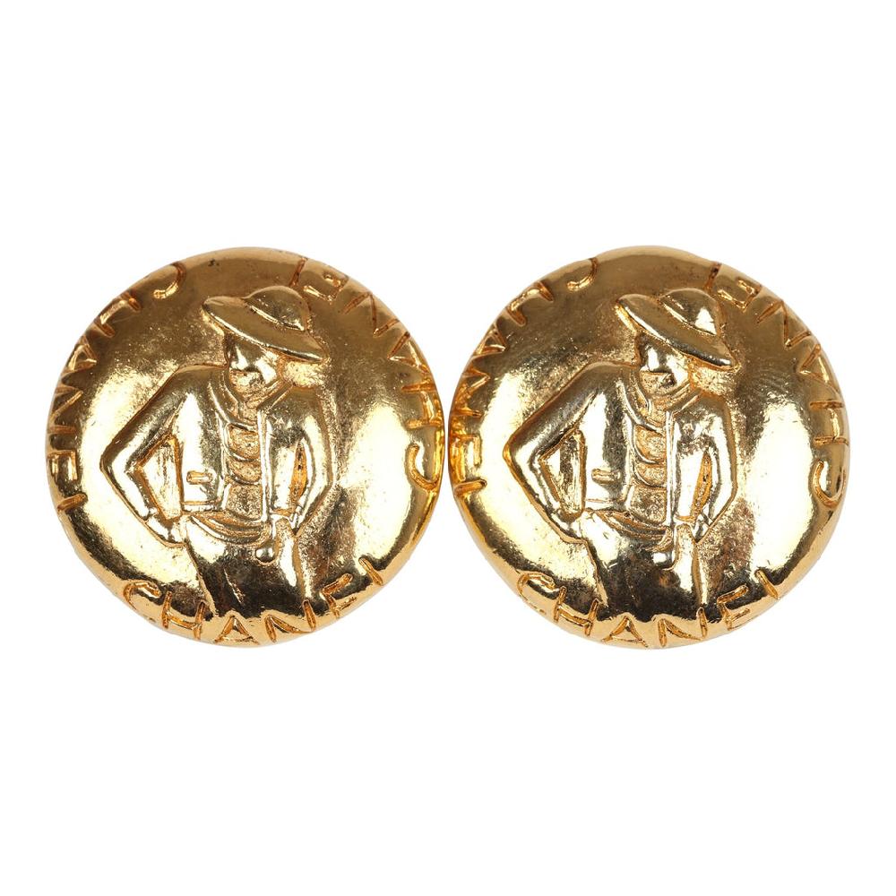 Vintage Chanel 24K Gold Plated Round Coco Mademoiselle Earrings