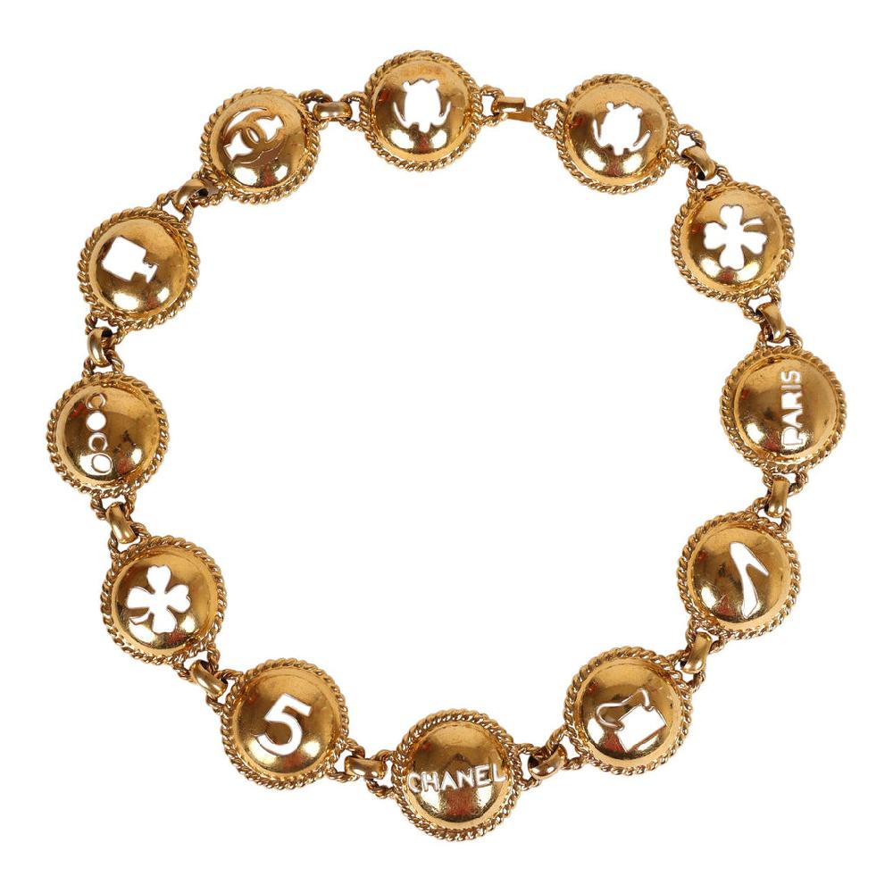 Vintage Chanel 24K Gold Plated Round Cutout Lucky Charms Chain Belt