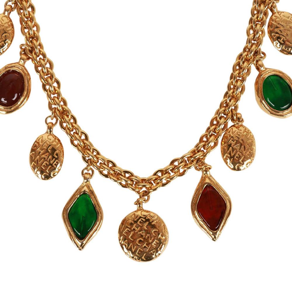Vintage Chanel 24K Gold Plated Ruby And Emerald Gripoix Choker Necklace