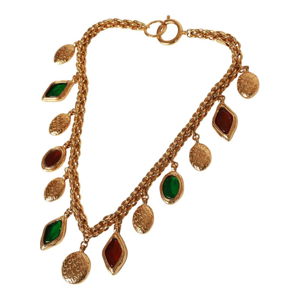 Vintage Chanel 24K Gold Plated Ruby And Emerald Gripoix Choker Necklace