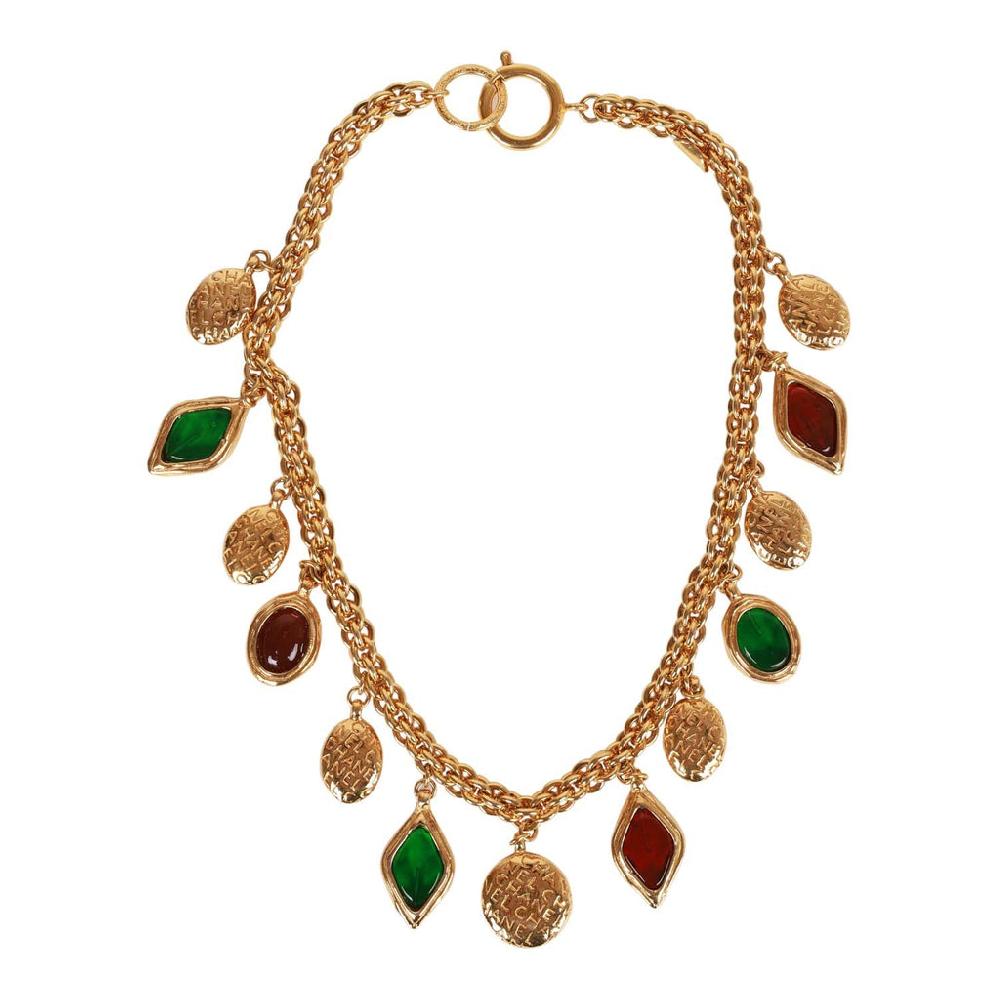 Vintage Chanel 24K Gold Plated Ruby and Emerald Gripoix Choker Necklace