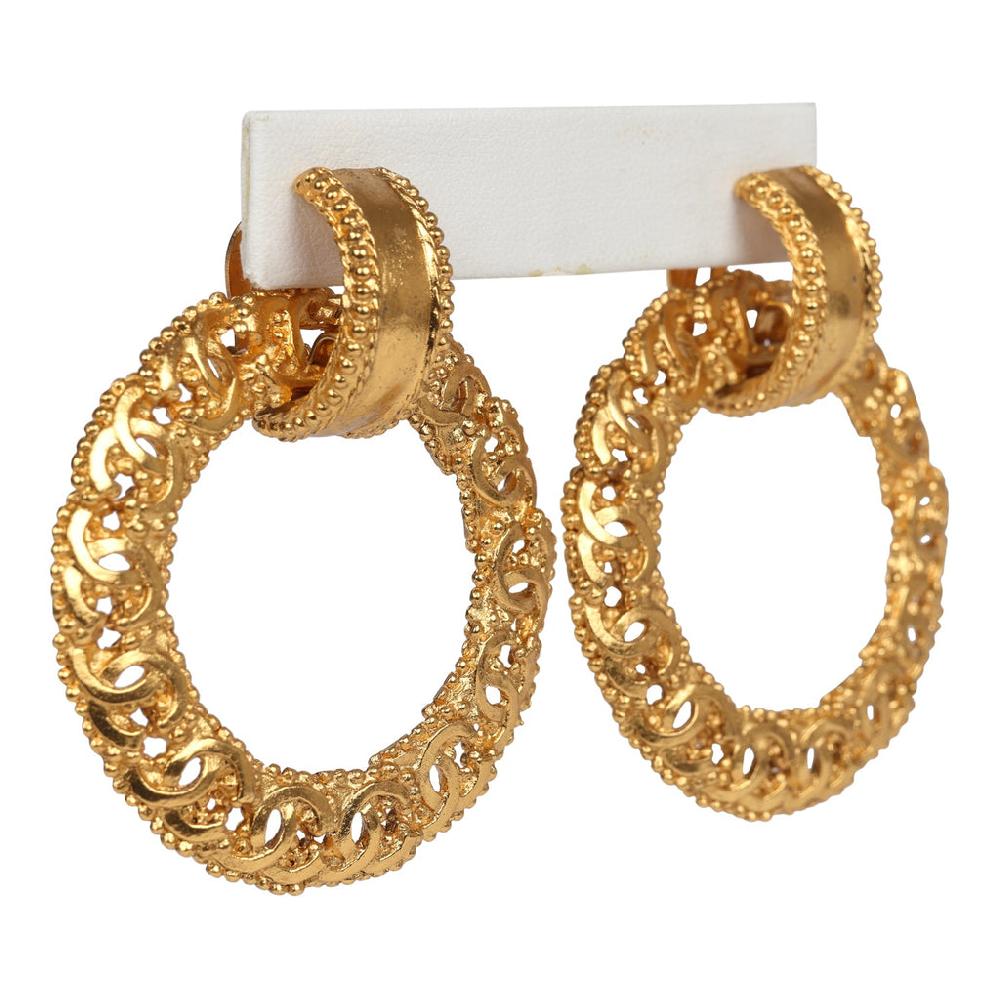Vintage Chanel 24K Gold Plated Small CC Knocker Hoop Earrings