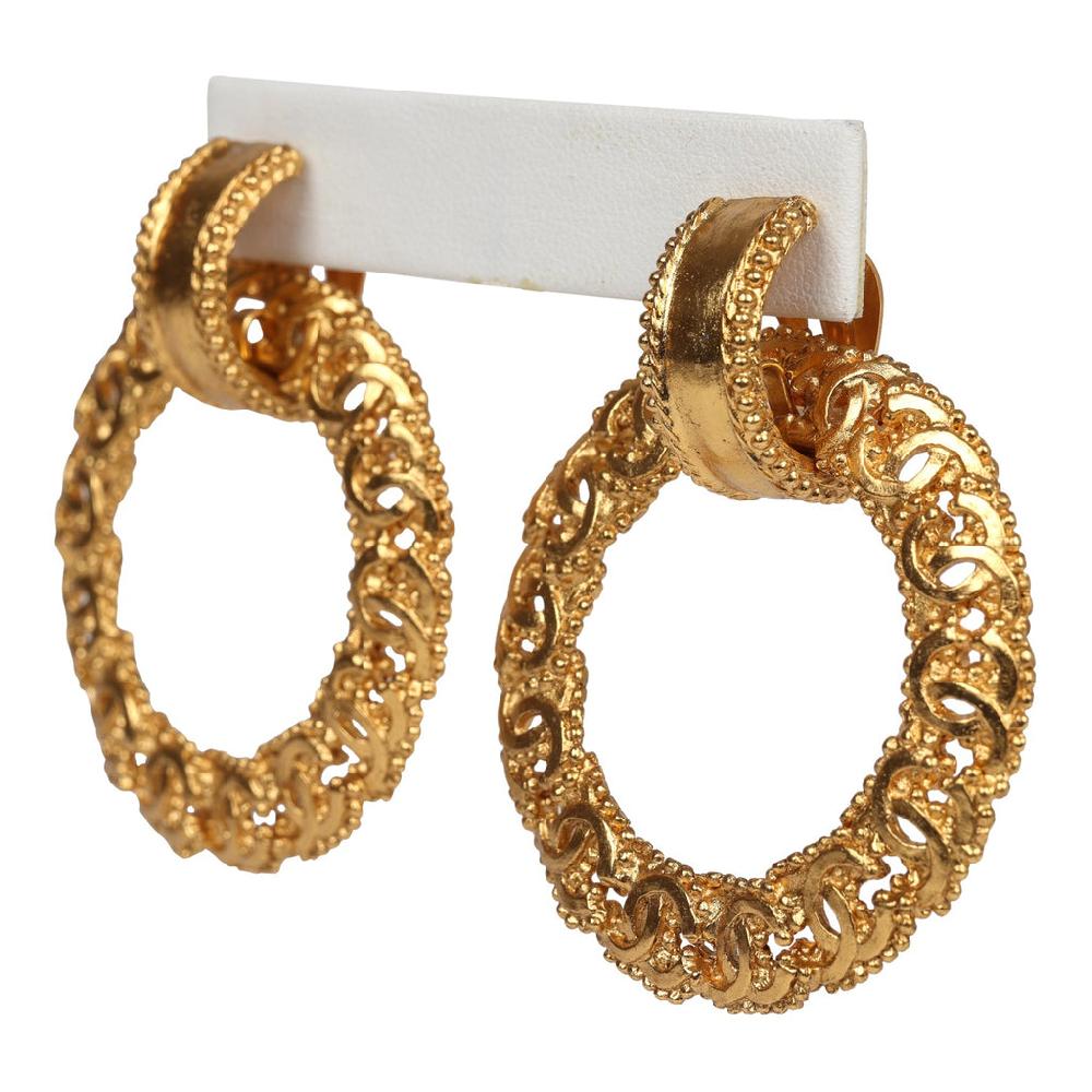 Vintage Chanel 24K Gold Plated Small CC Knocker Hoop Earrings