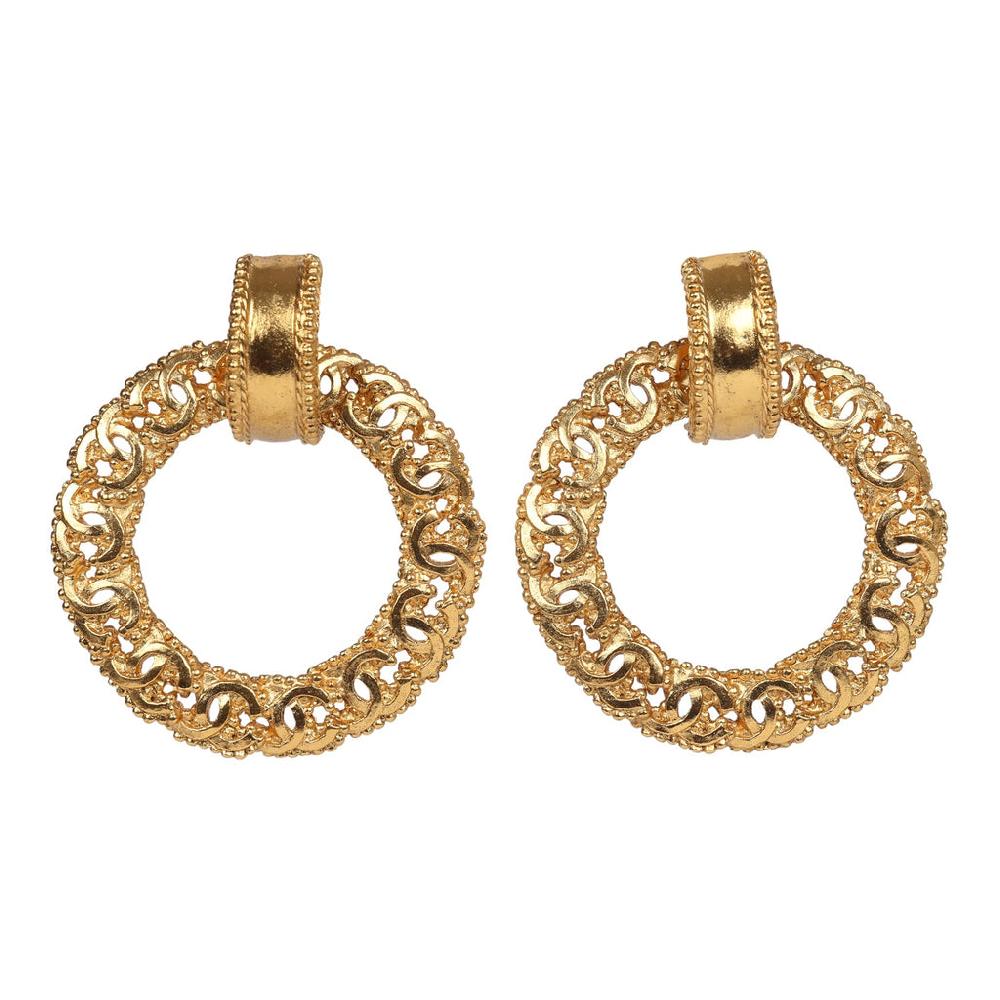 Vintage Chanel 24K Gold Plated Small CC Knocker Hoop Earrings