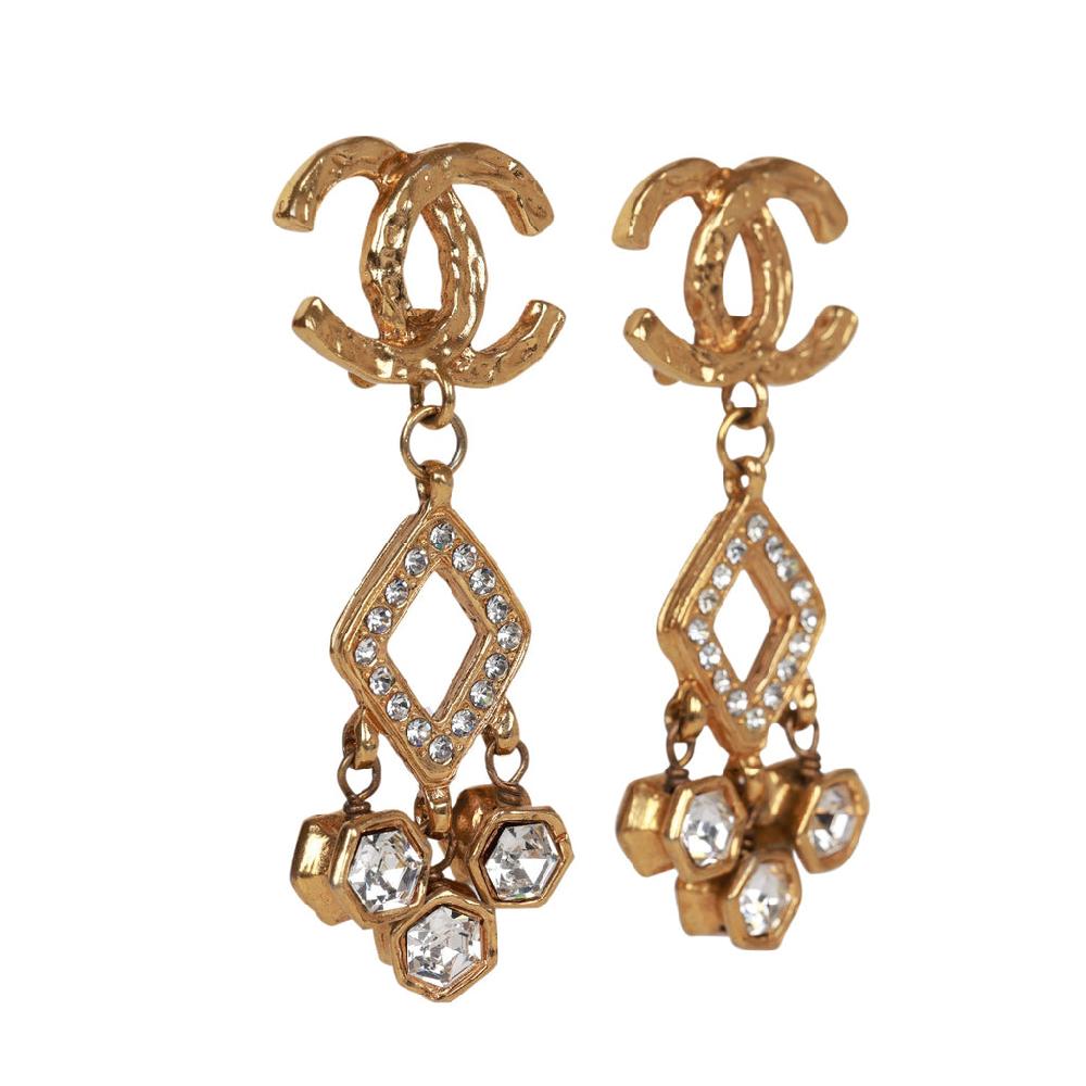 Vintage Chanel 24K Gold Plated Textured CC And Rhinestone Chandelier Clip Earrings