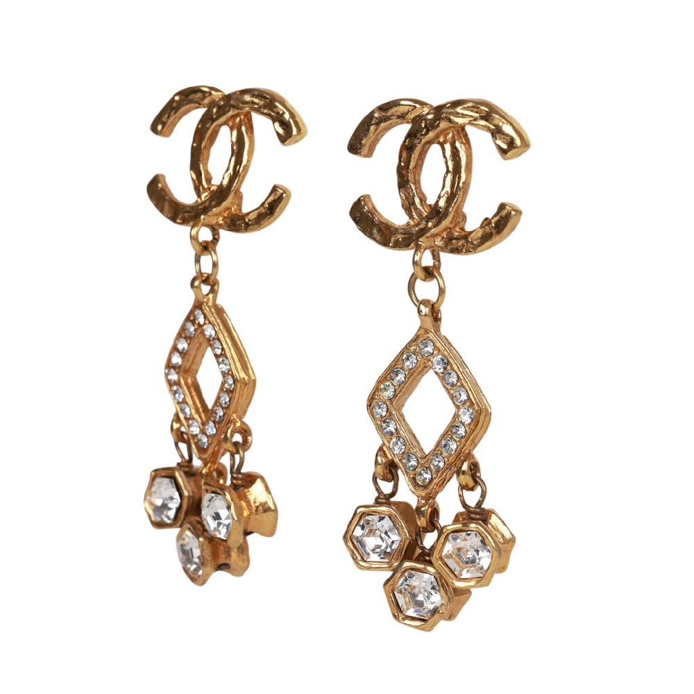 Vintage Chanel 24K Gold Plated Textured CC And Rhinestone Chandelier Clip Earrings