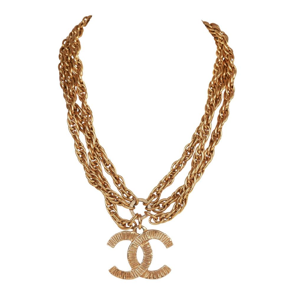 Vintage Chanel 24K Gold Plated Triple Chain CC Necklace
