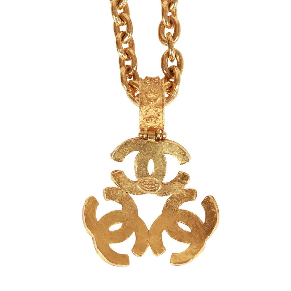 Vintage Chanel 24K Gold Plated Triple Interlocking CC Pendant Necklace