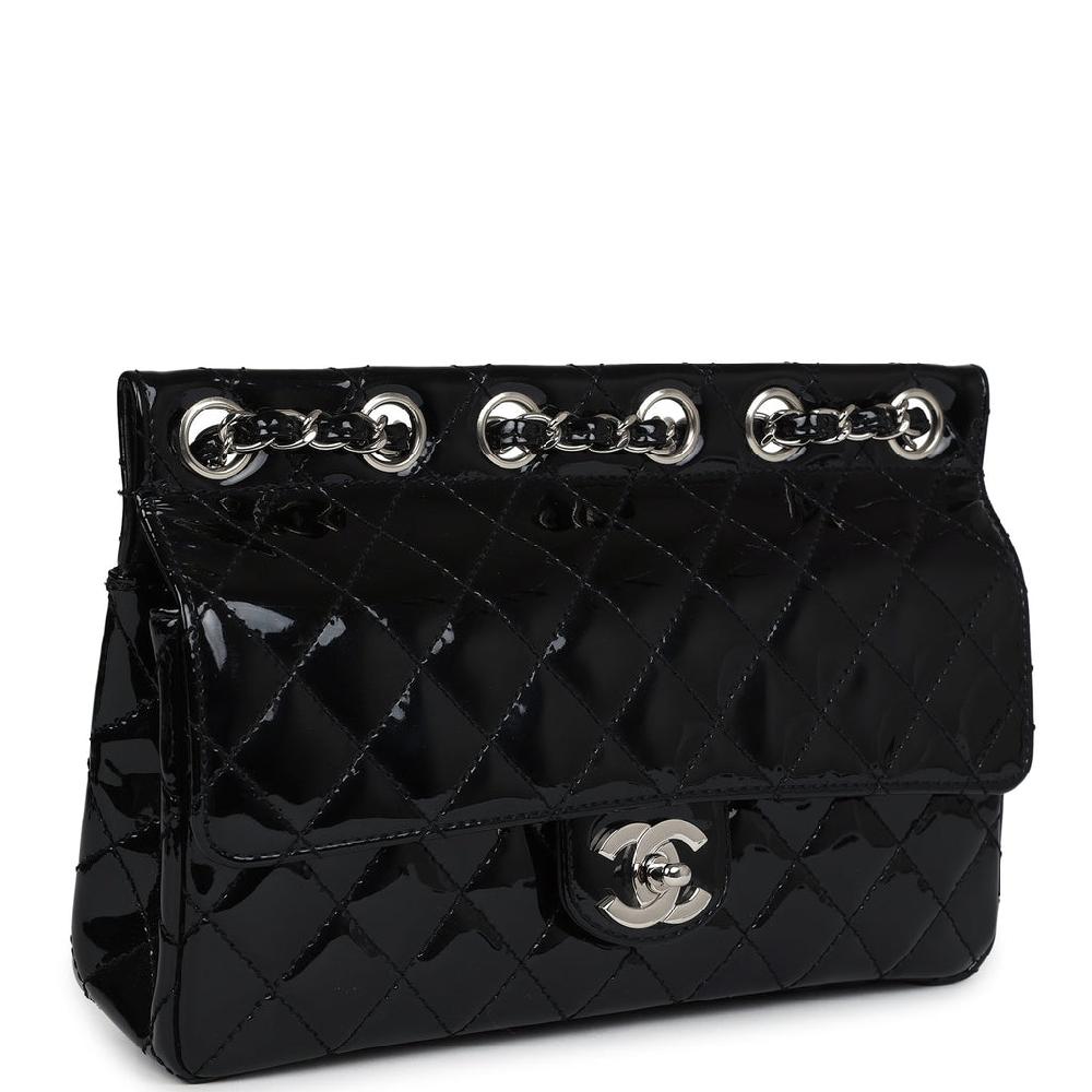 Vintage Chanel Chain Through Flap Bag Black Patent Silver Hardware