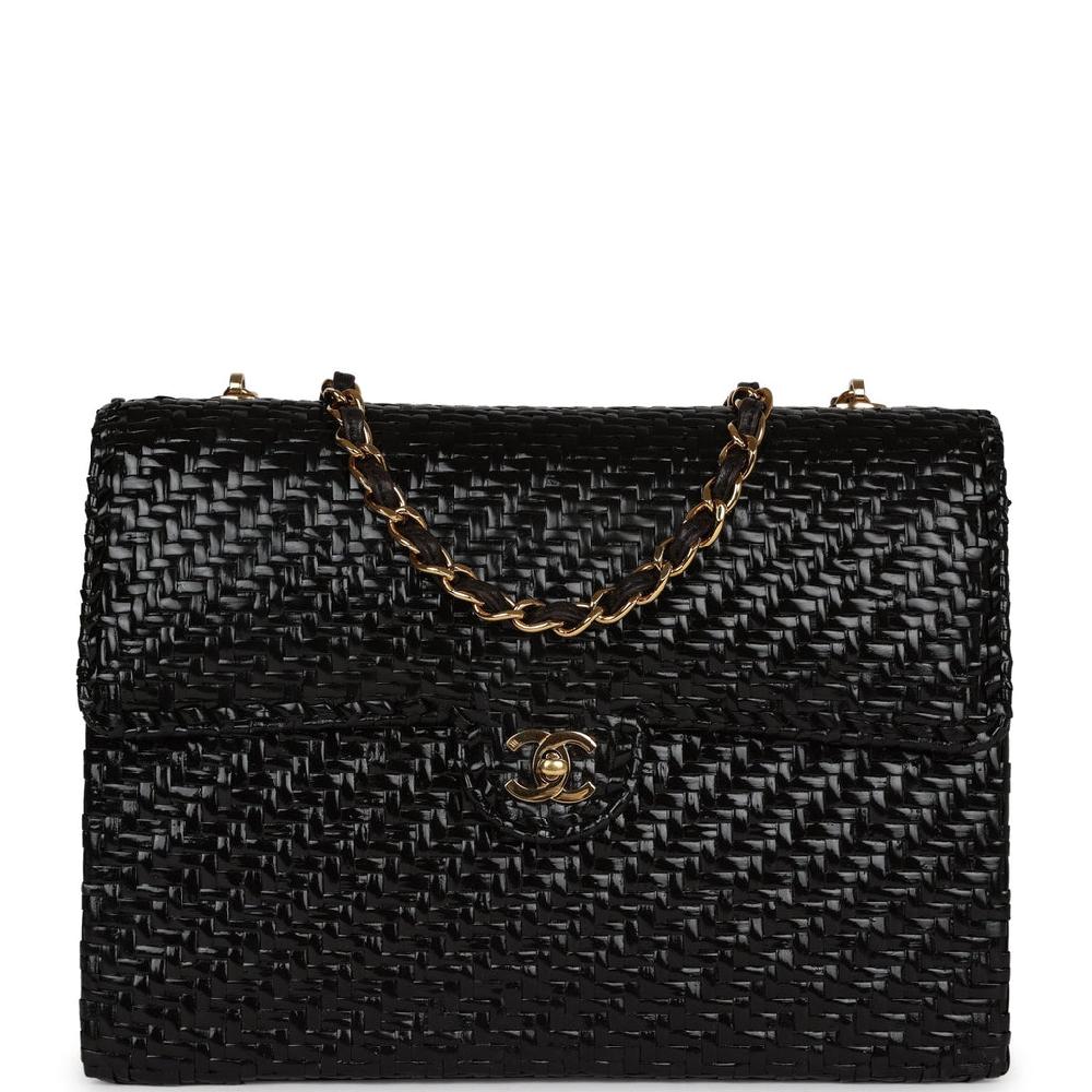 Vintage Chanel Flap Bag Black Wicker Gold Hardware