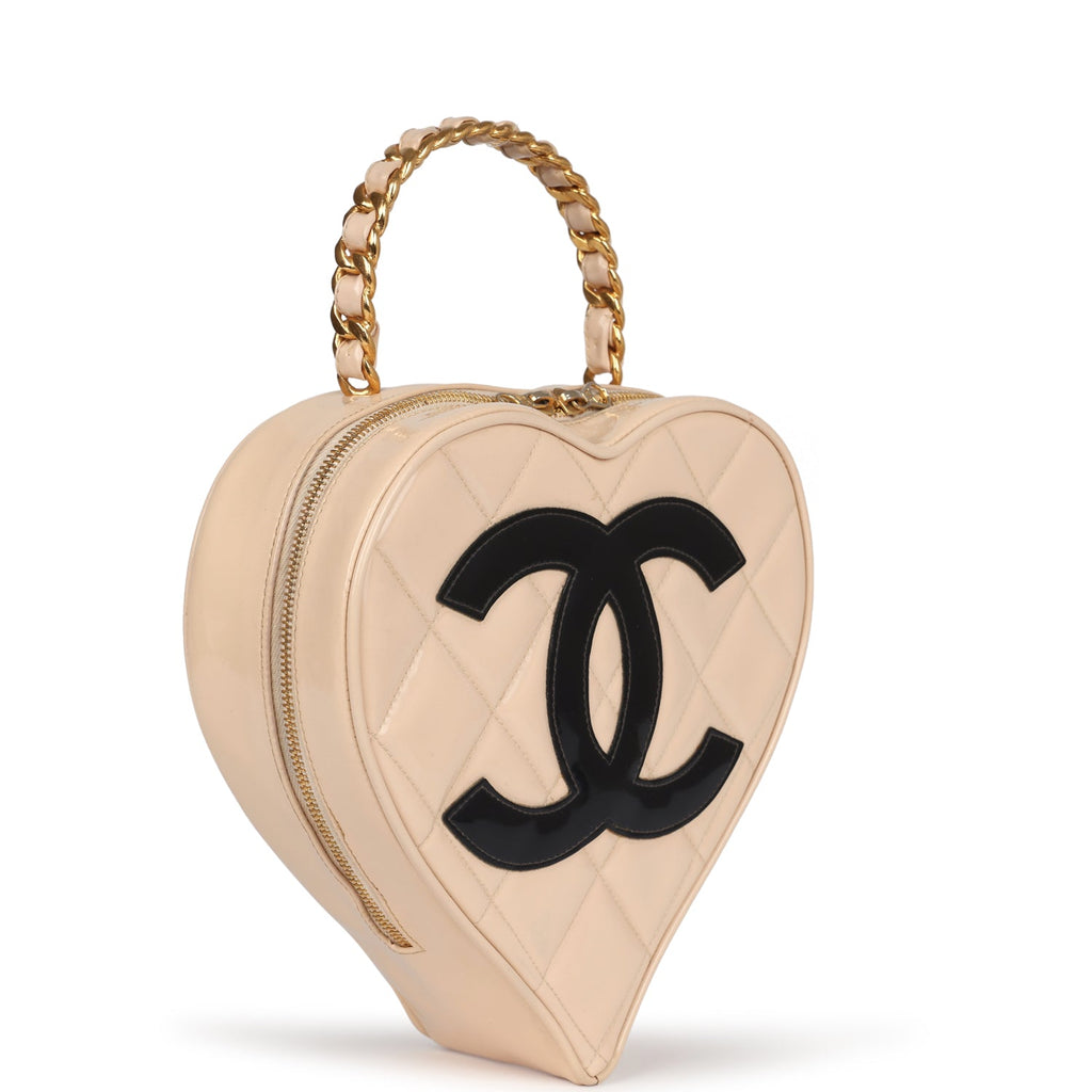 Vintage Chanel Heart Vanity Bag Beige And Black Patent Antique Gold Hardware
