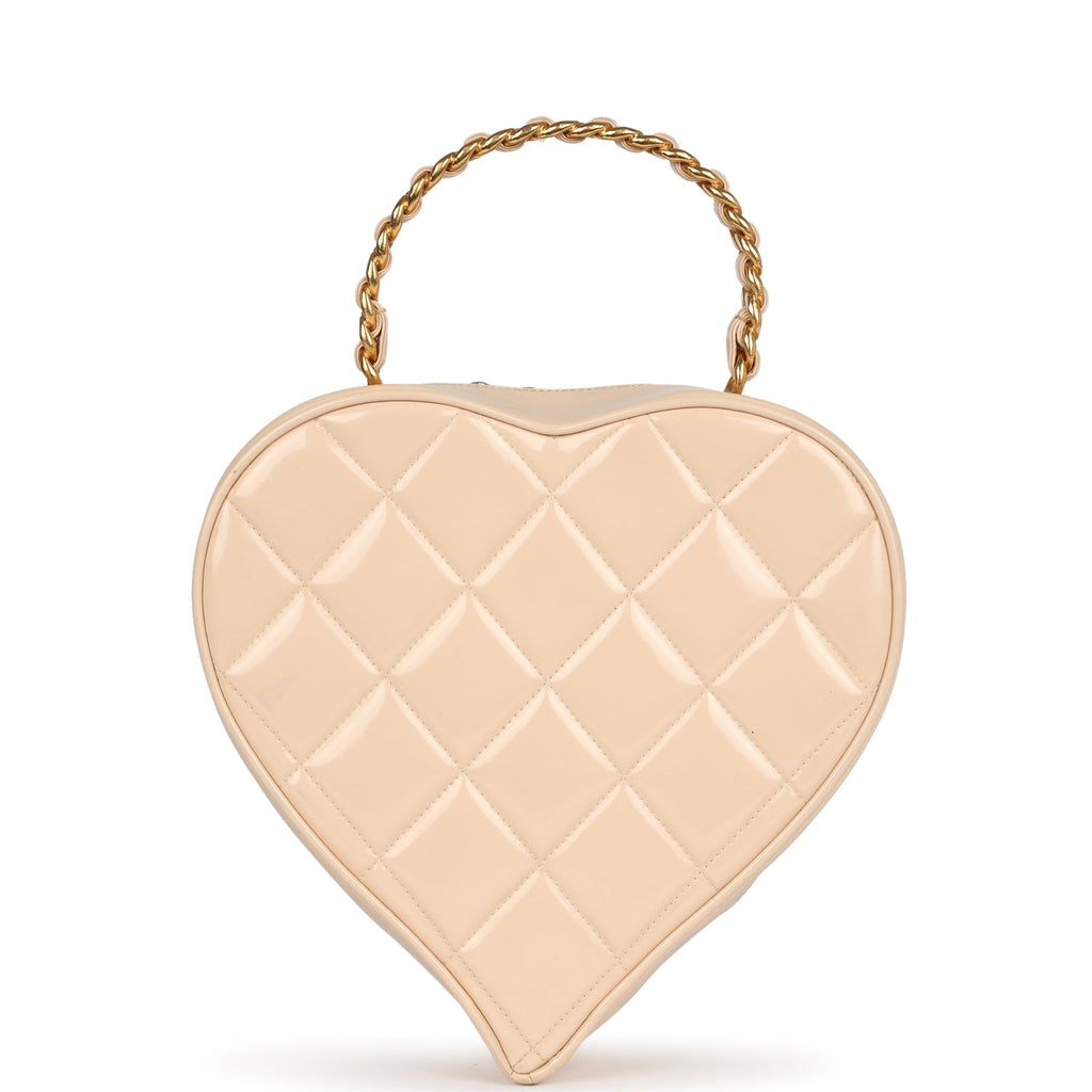 Vintage Chanel Heart Vanity Bag Beige And Black Patent Antique Gold Hardware