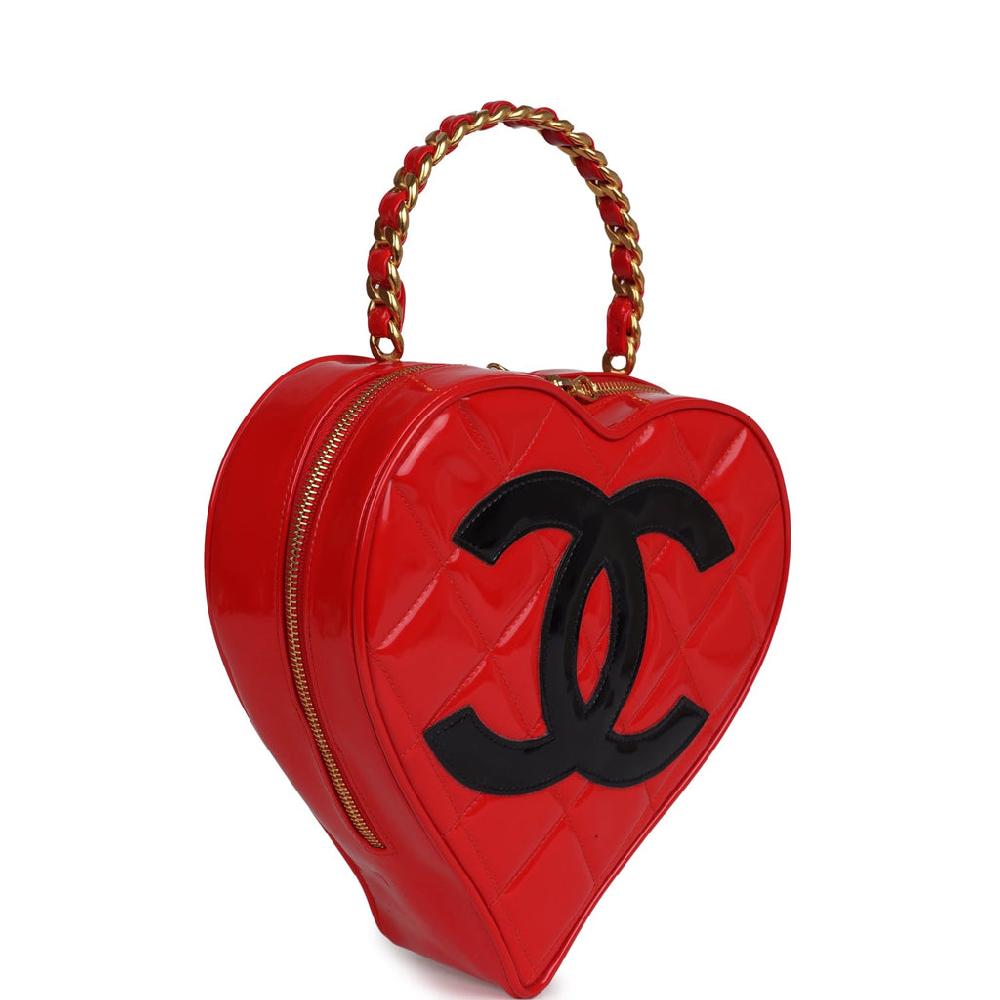 Vintage Chanel Heart Vanity Bag Red And Black Patent Antique Gold Hardware