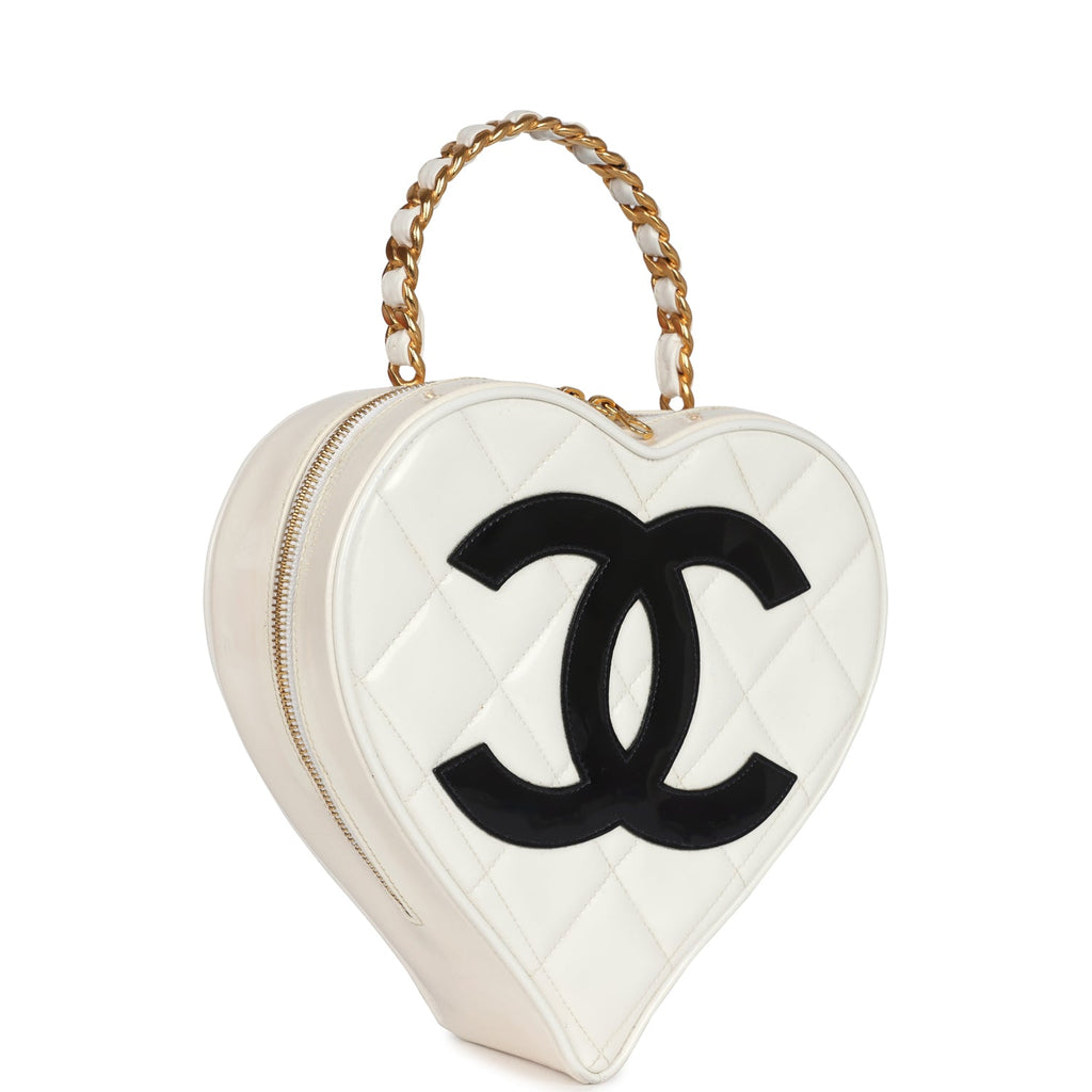 Vintage Chanel Heart Vanity Bag White And Black Patent Antique Gold Hardware