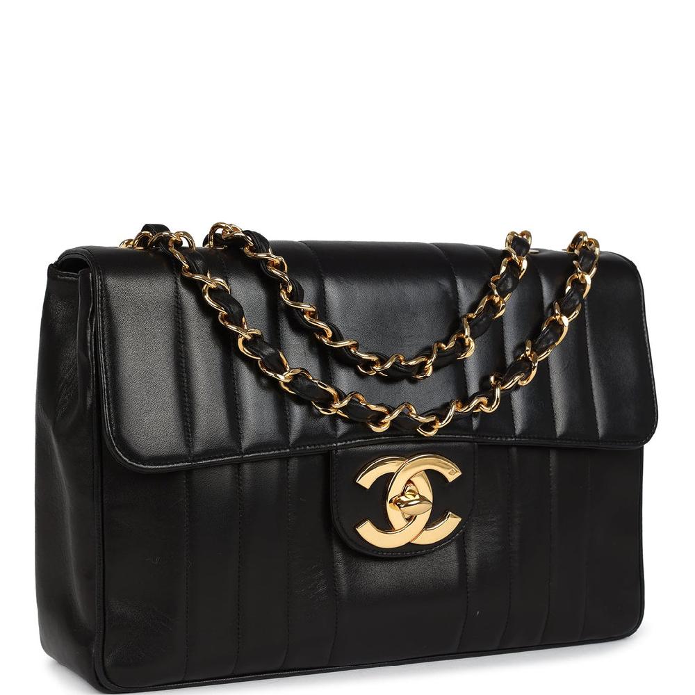 Vintage Chanel Jumbo Classic Mademoiselle Vertical Flap Black Lambskin Gold Hardware