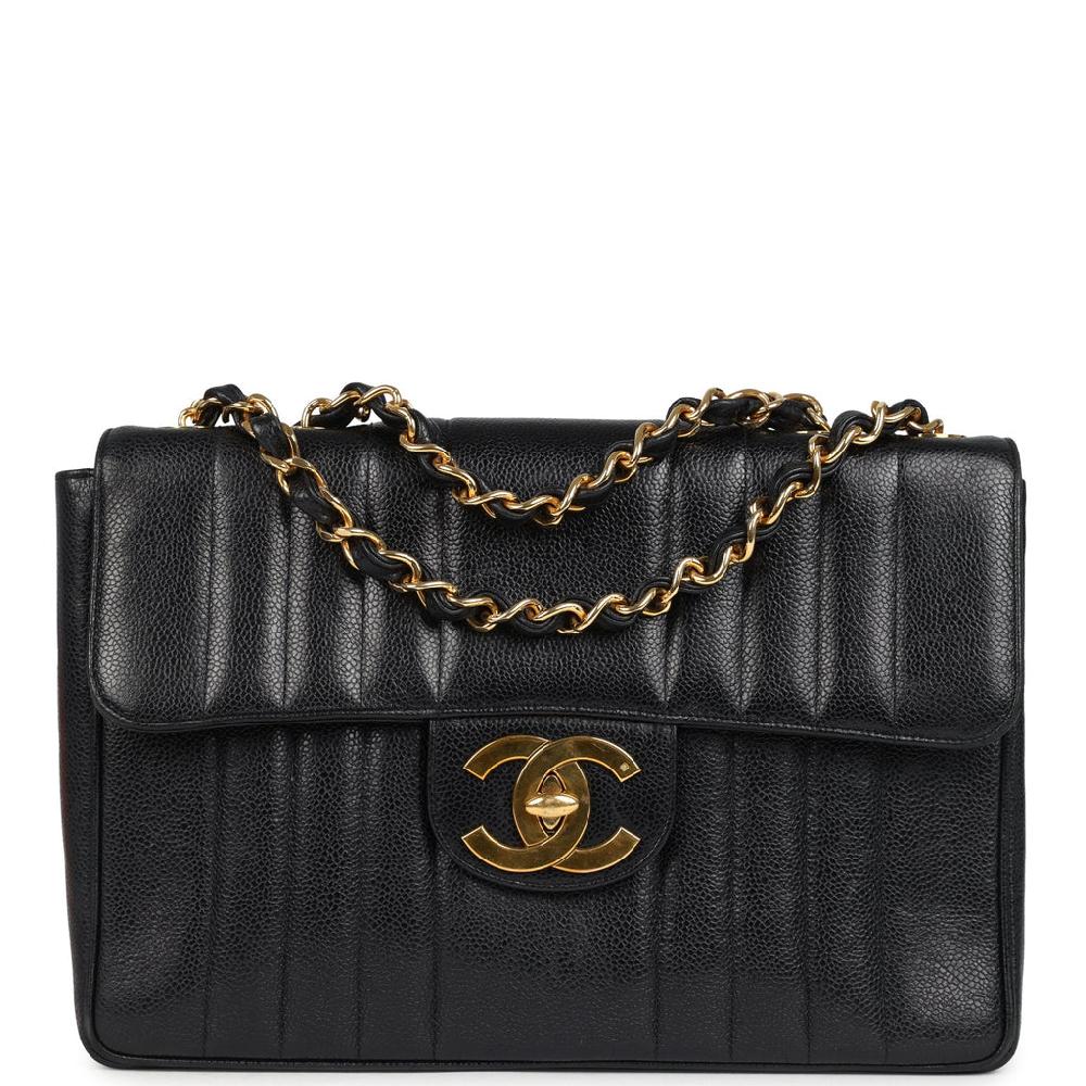Vintage Chanel Jumbo Classic Mademoiselle Vertical Flap Black Caviar Gold Hardware