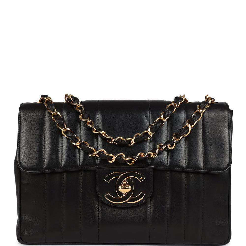 Vintage Chanel Jumbo Classic Mademoiselle Vertical Flap Black Lambskin Gold Hardware