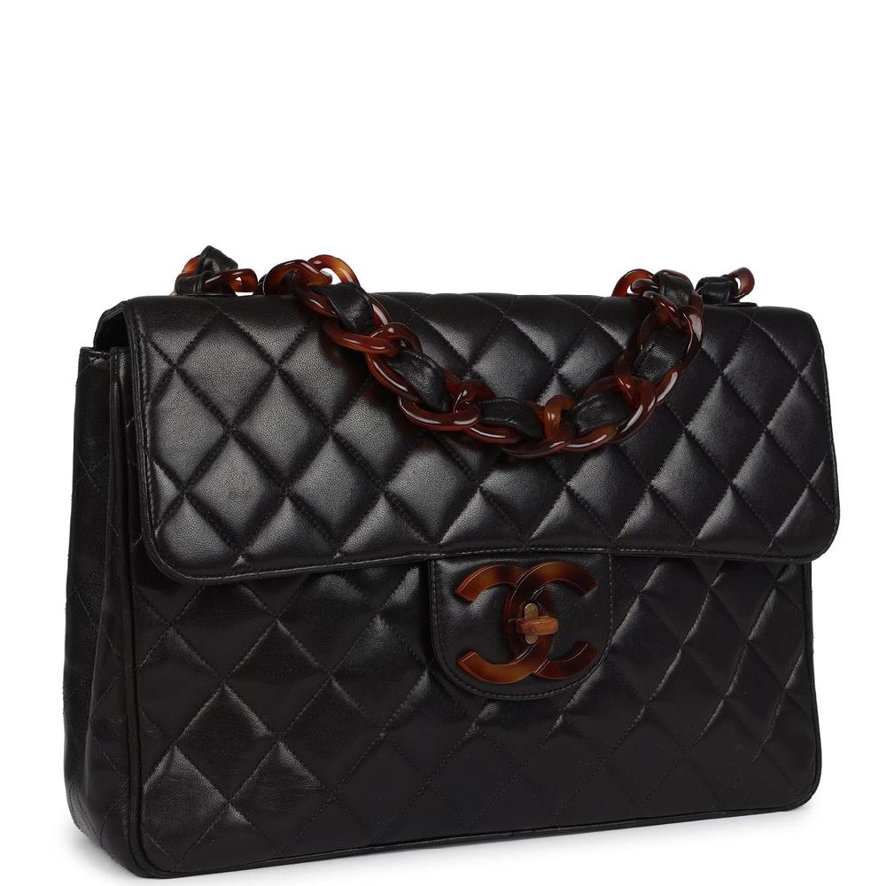 Vintage Chanel Jumbo Classic Single Flap Bag Black Lambskin Tortoiseshell Bakelite Hardware