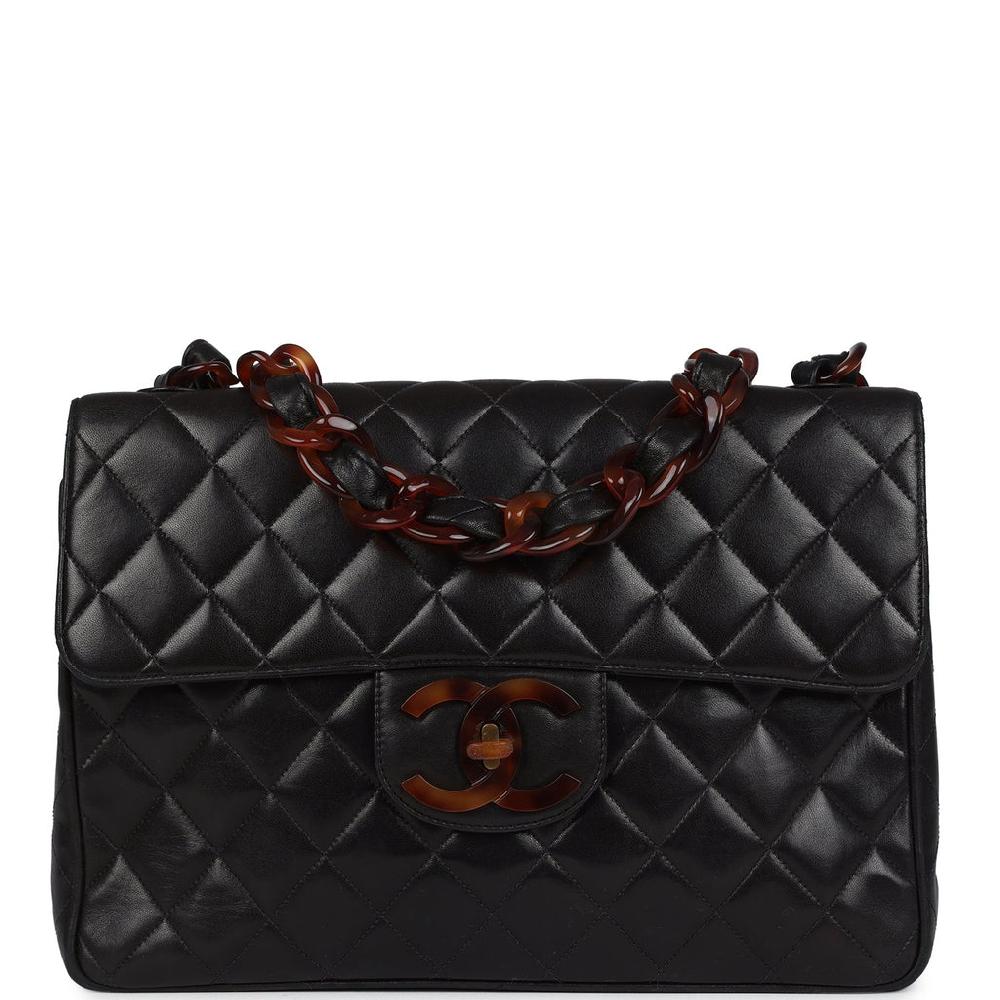 Vintage Chanel Jumbo Classic Single Flap Bag Black Lambskin Tortoiseshell Bakelite Hardware