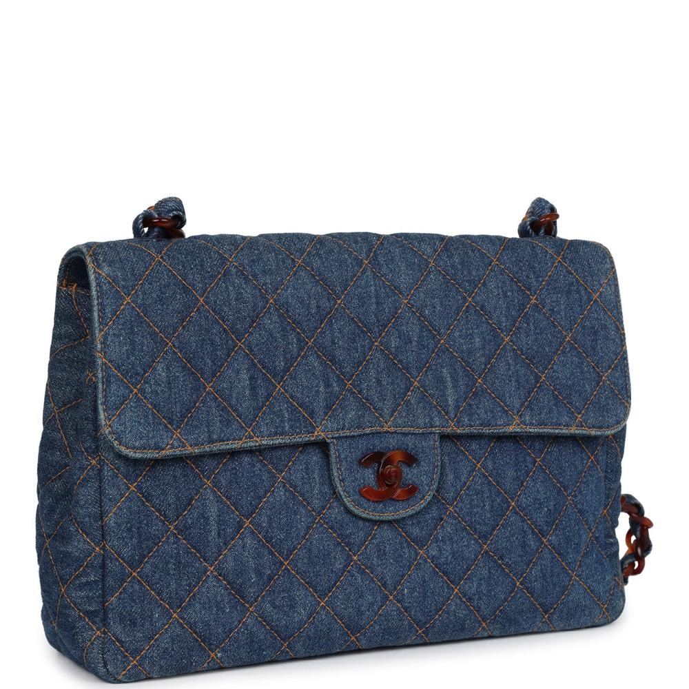 Vintage Chanel Jumbo Classic Single Flap Bag Blue Denim Tortoiseshell Bakelite Hardware