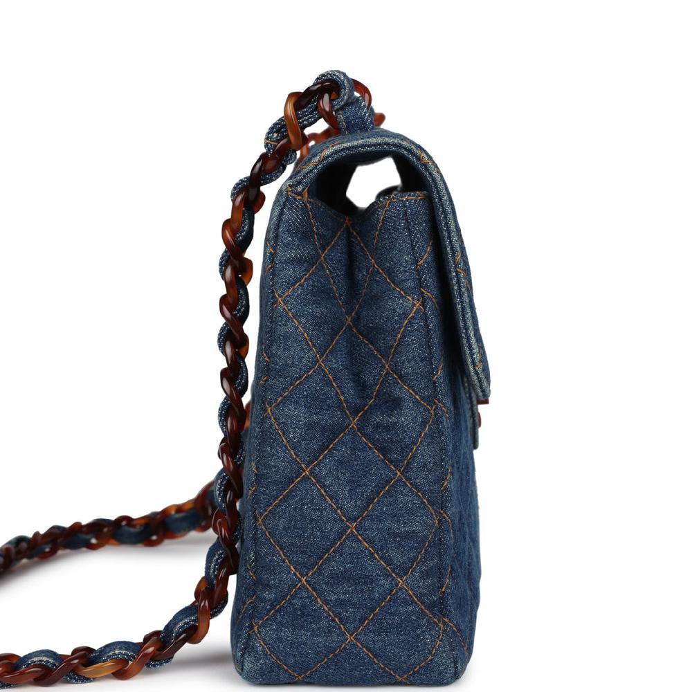 Vintage Chanel Jumbo Classic Single Flap Bag Blue Denim Tortoiseshell Bakelite Hardware