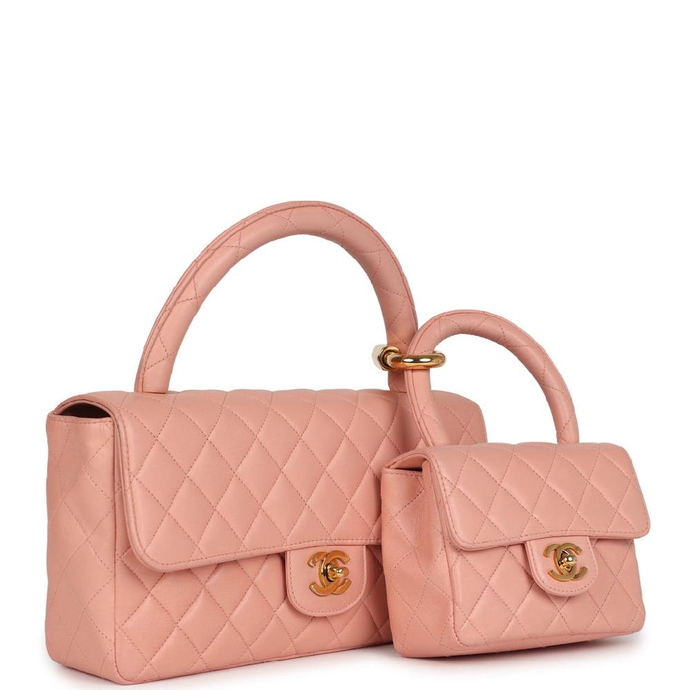 Vintage Chanel Kelly Parent And Child Flap Bag Set Pink Lambskin Gold Hardware
