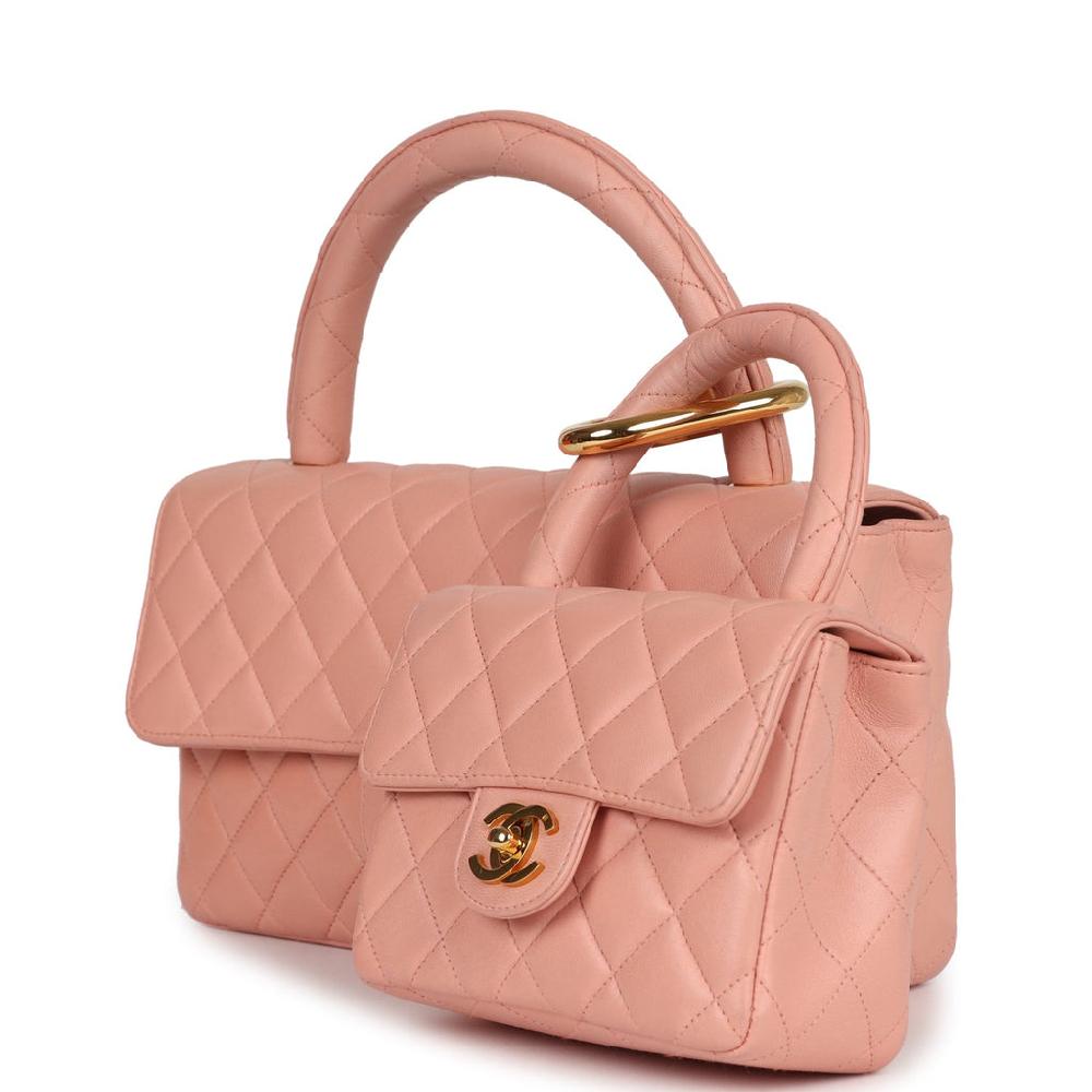 Vintage Chanel Kelly Parent And Child Flap Bag Set Pink Lambskin Gold Hardware