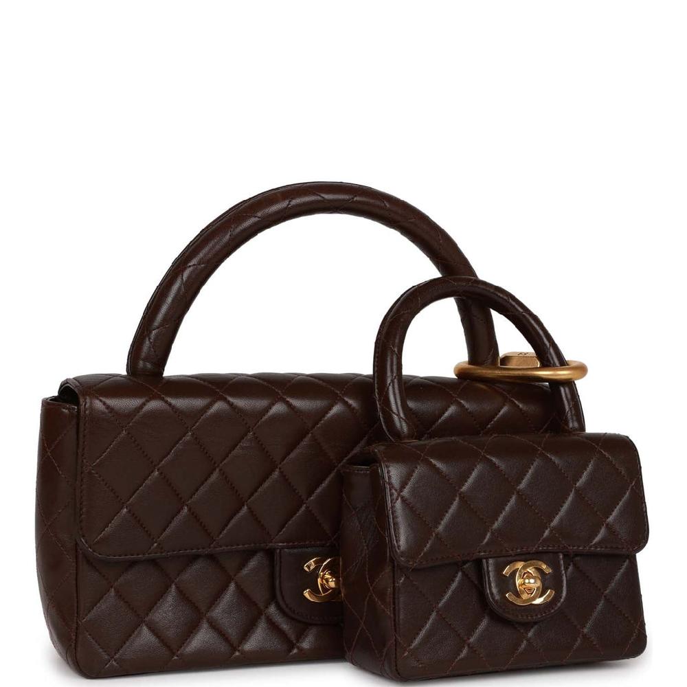 Vintage Chanel Kelly Parent And Child Flap Bag Set Brown Lambskin Gold Hardware