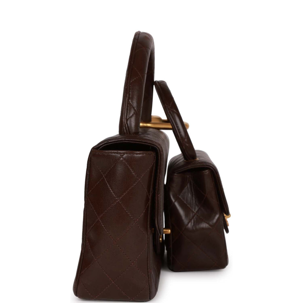 Vintage Chanel Kelly Parent And Child Flap Bag Set Brown Lambskin Gold Hardware