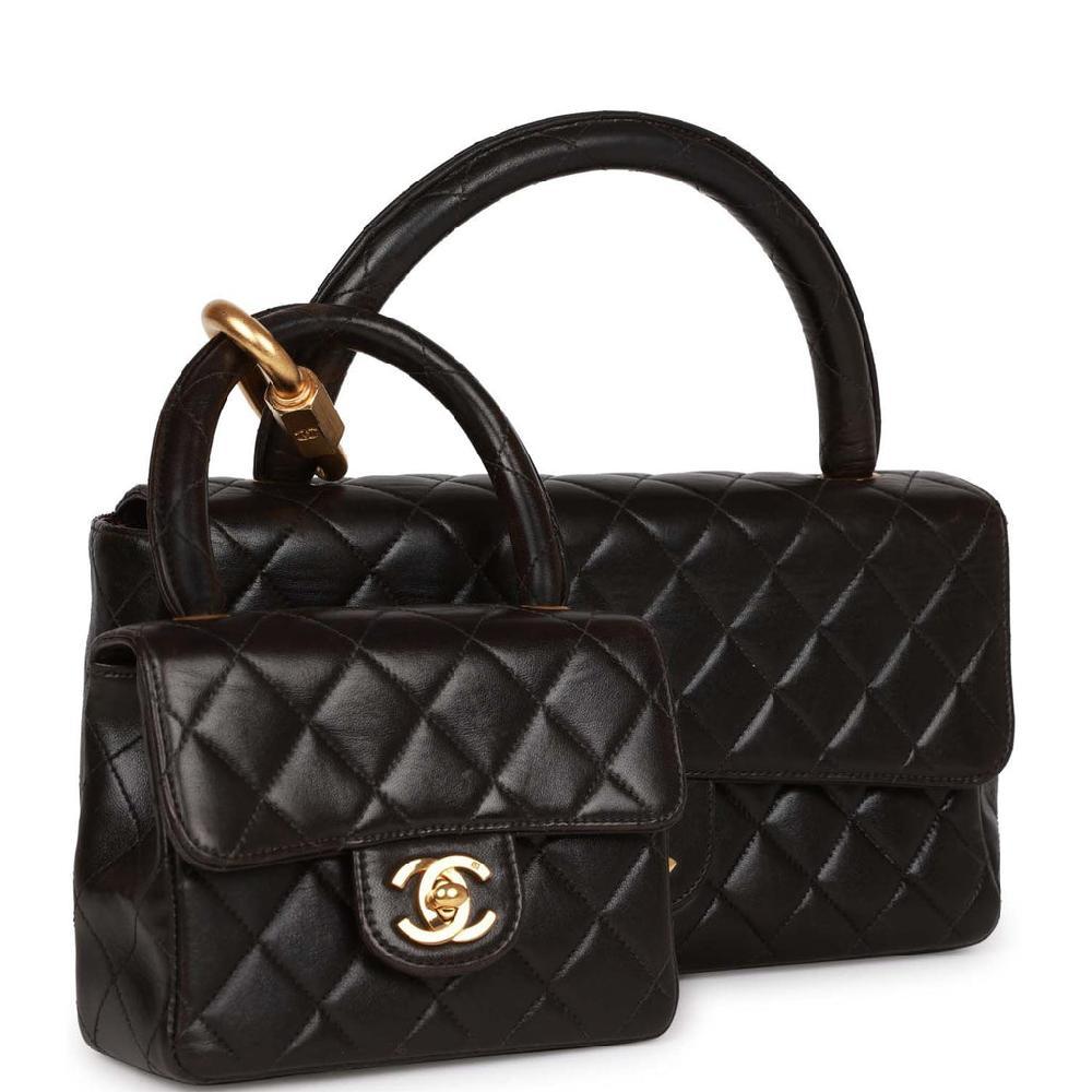 Vintage Chanel Kelly Parent And Child Flap Bag Set Black Lambskin Gold Hardware