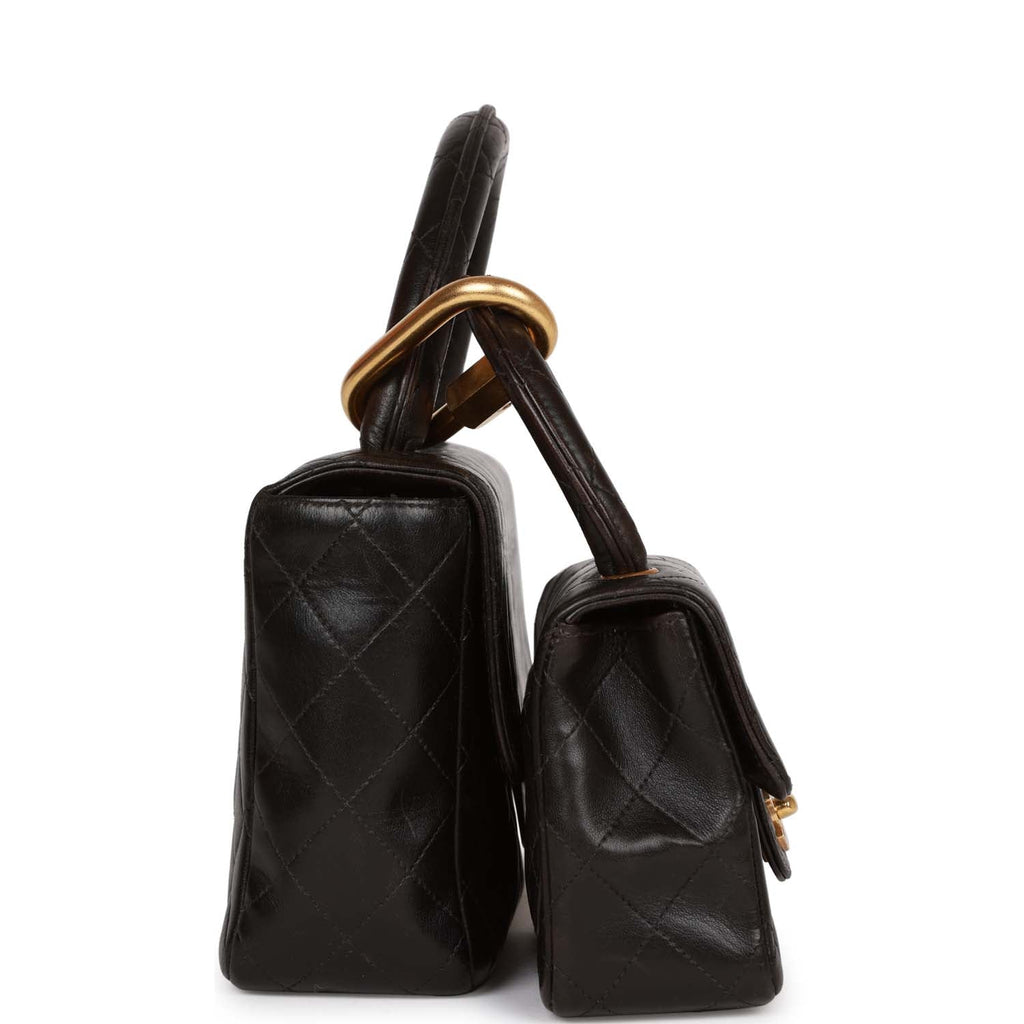 Vintage Chanel Kelly Parent And Child Flap Bag Set Black Lambskin Gold Hardware