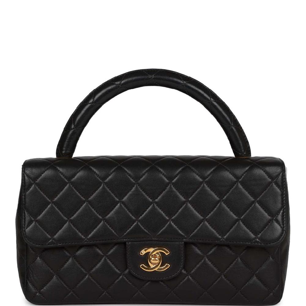 Vintage Chanel Kelly Parent Flap Bag Black Lambskin Gold Hardware