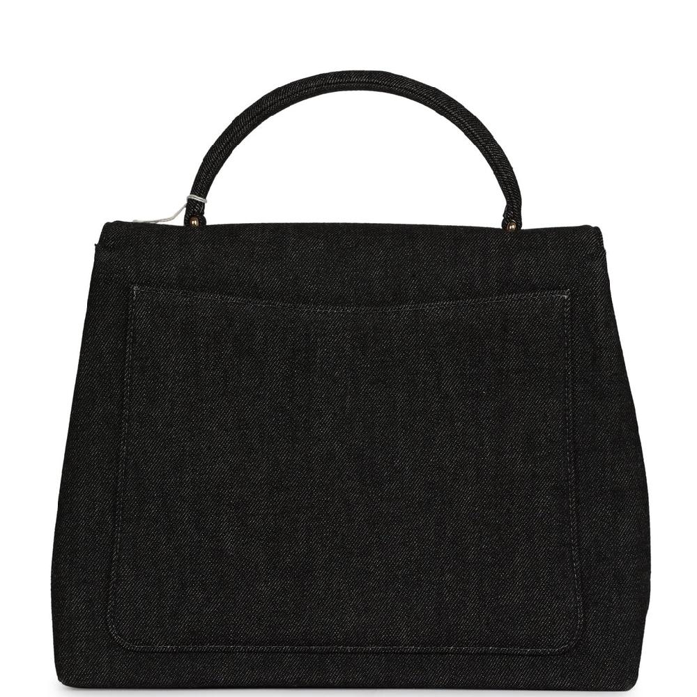 Vintage Chanel Kelly Top Handle Bag Black Denim Gold Hardware