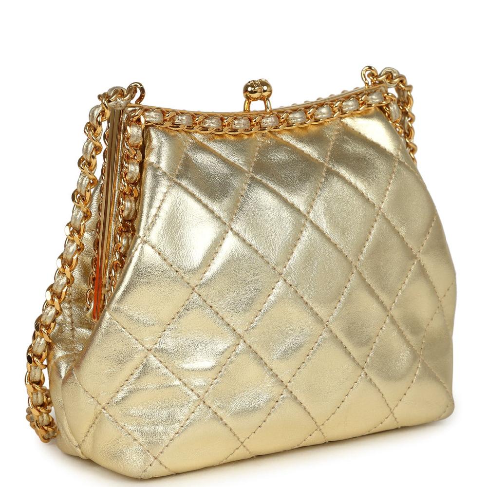 Vintage Chanel Kiss Lock Frame Shoulder Bag Gold Metallic Lambskin Gold Hardware