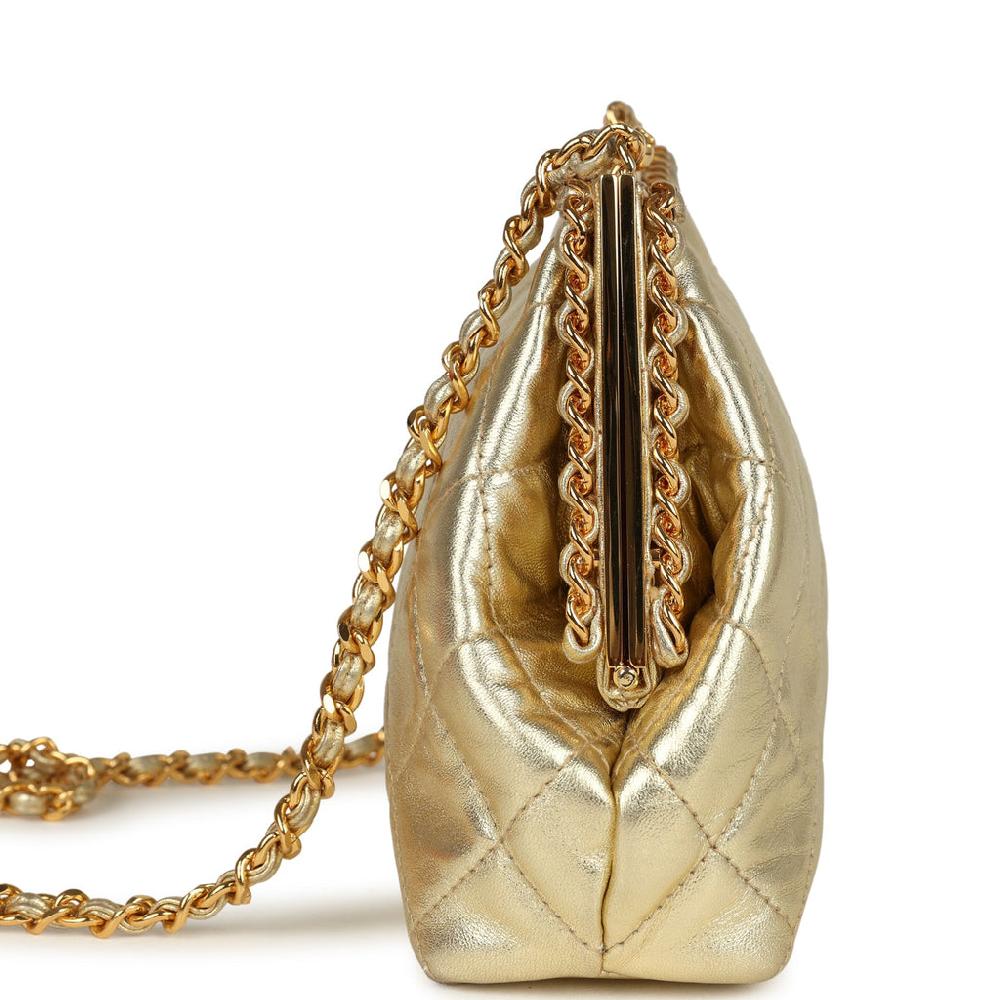 Vintage Chanel Kiss Lock Frame Shoulder Bag Gold Metallic Lambskin Gold Hardware
