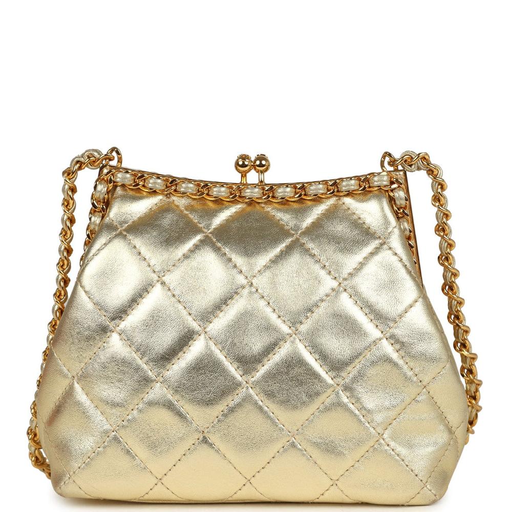 Vintage Chanel Kiss Lock Frame Shoulder Bag Gold Metallic Lambskin Gold Hardware