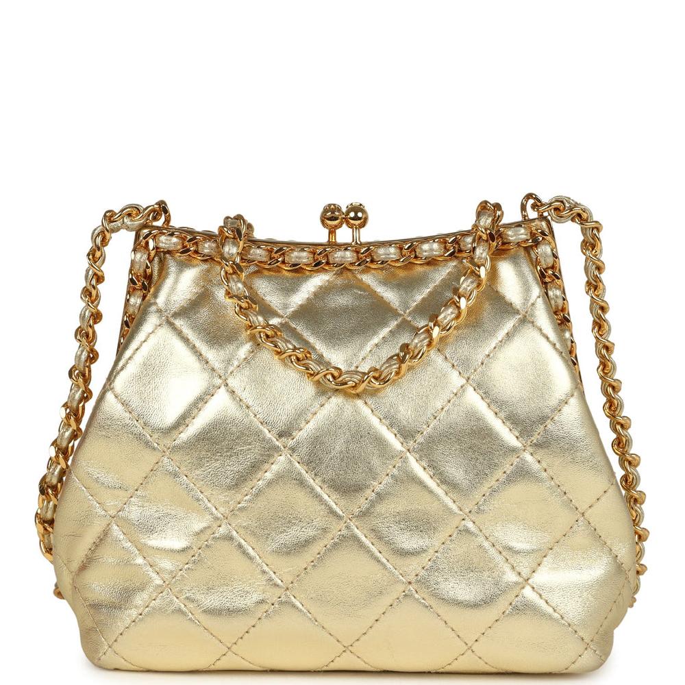 Vintage Chanel Kiss Lock Frame Shoulder Bag Gold Metallic Lambskin Gold Hardware
