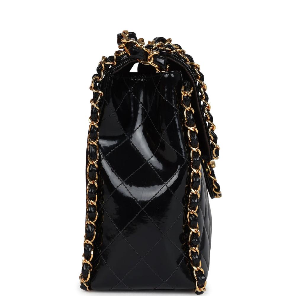 Vintage Chanel Maxi Classic Chain Around Single Flap Bag Black Patent Gold Hardware