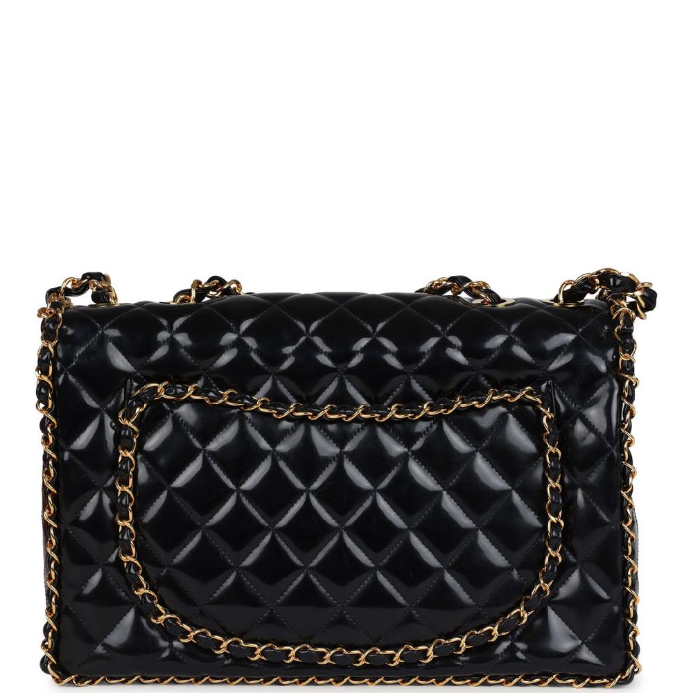 Vintage Chanel Maxi Classic Chain Around Single Flap Bag Black Patent Gold Hardware