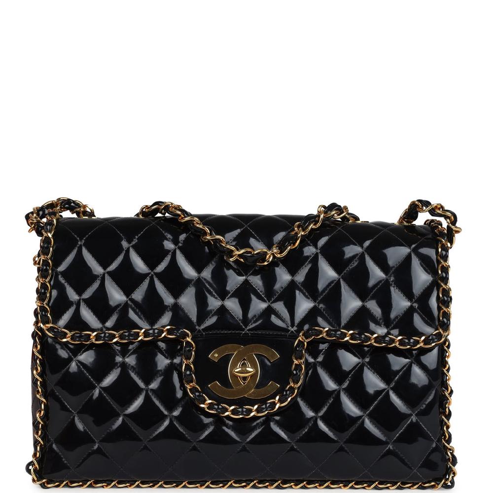 Vintage Chanel Maxi Classic Chain Around Single Flap Bag Black Patent Gold Hardware