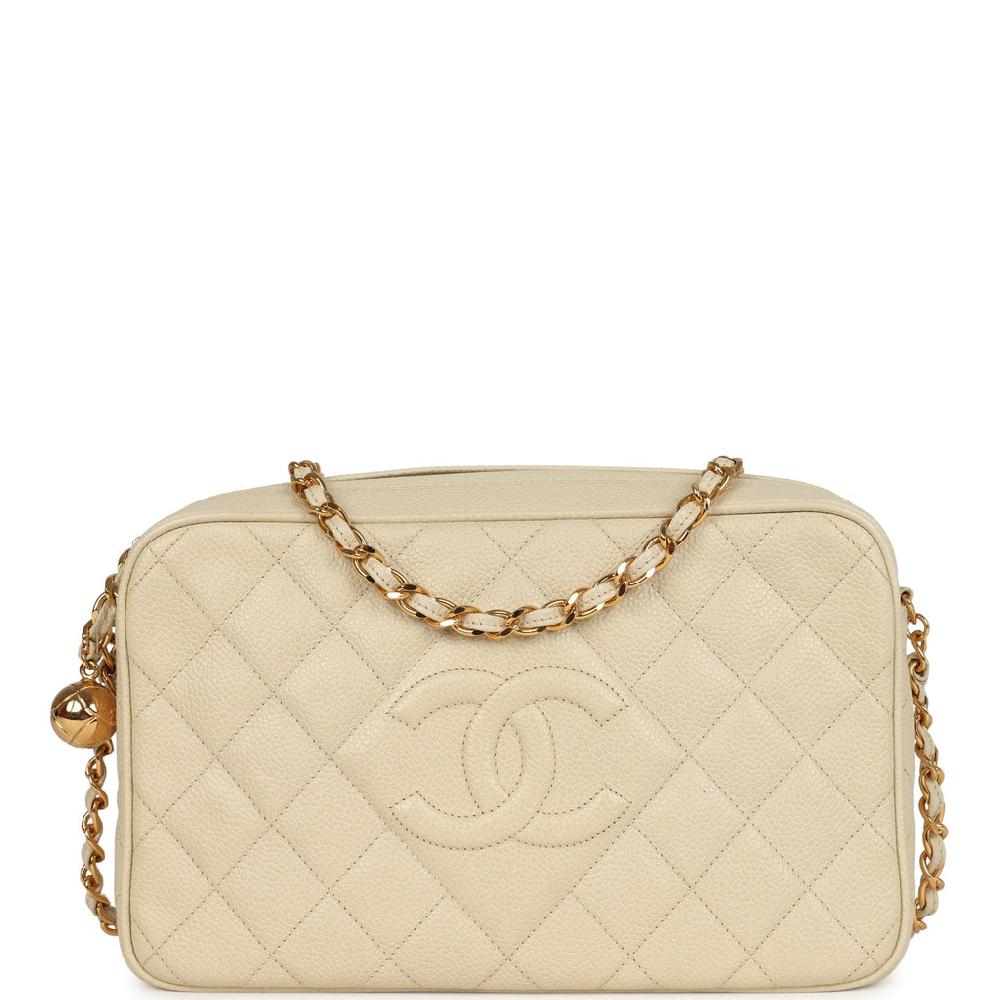 Vintage Chanel Medium Camera Bag Light Beige Caviar Gold Hardware