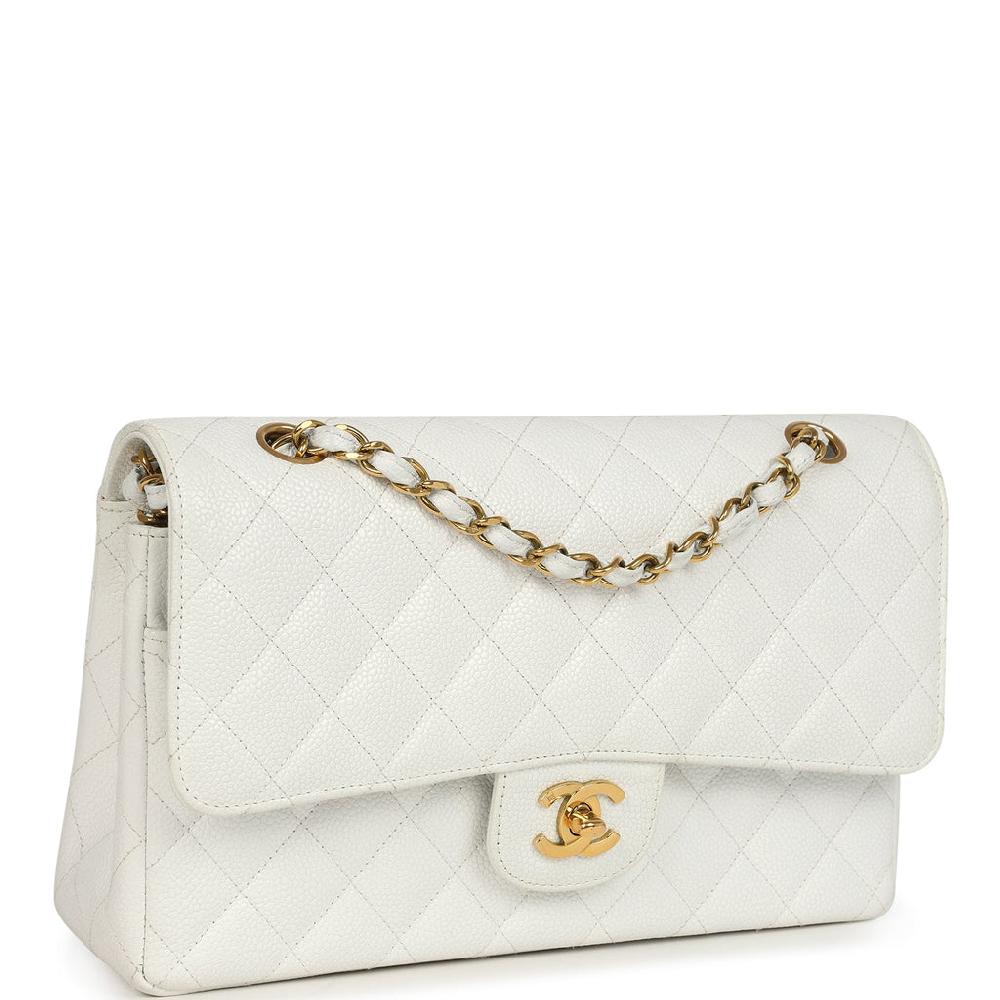 Vintage Chanel Medium Classic Double Flap White Caviar Gold Hardware