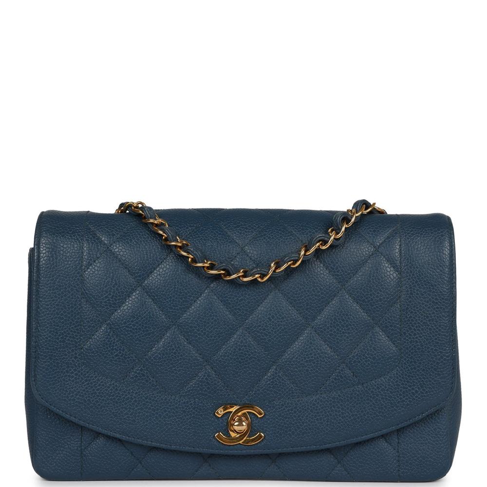 Vintage Chanel Medium Diana Flap Bag Blue Caviar Gold Hardware