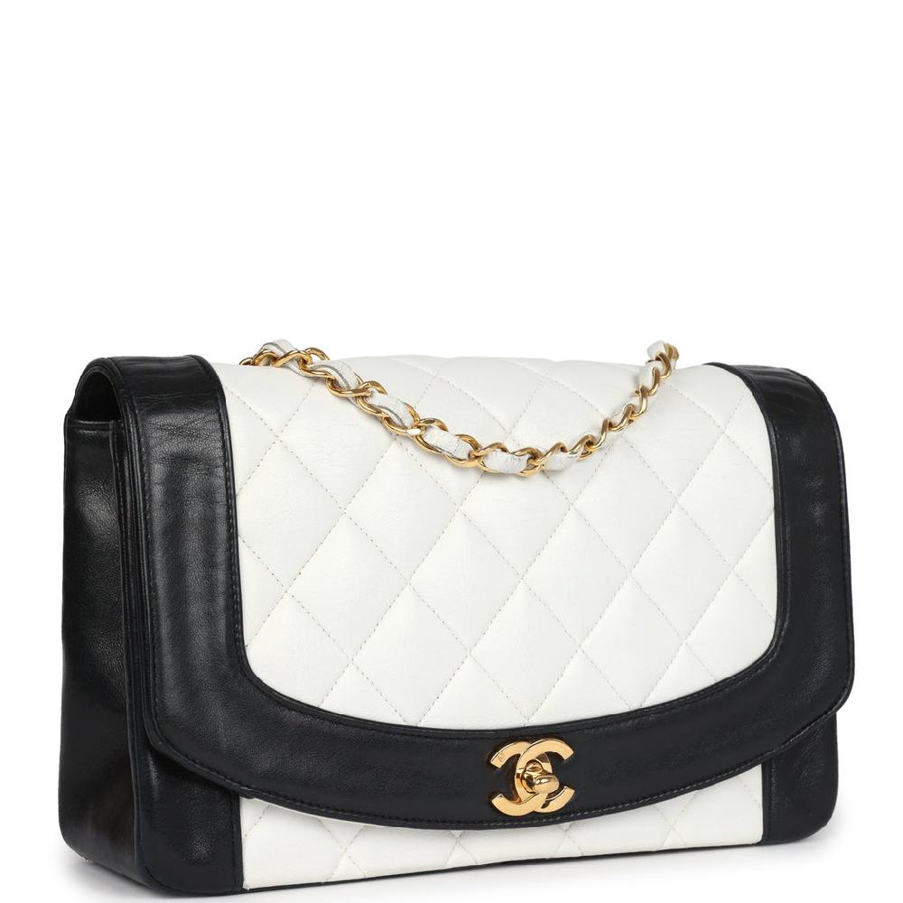 Vintage Chanel Medium Diana Flap Bag White And Black Lambskin Gold Hardware