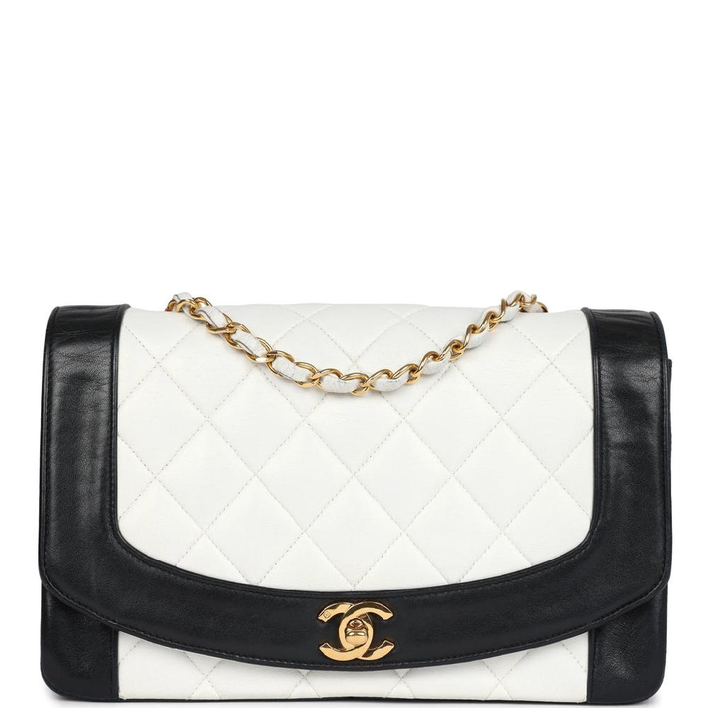 Vintage Chanel Medium Diana Flap Bag White and Black Lambskin Gold Hardware
