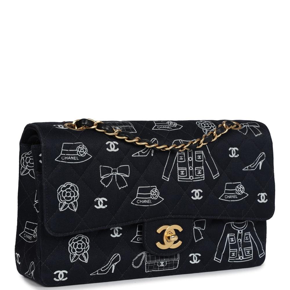 Vintage Chanel Medium Icon Print Double Flap Bag Navy Canvas Brushed Gold Hardware