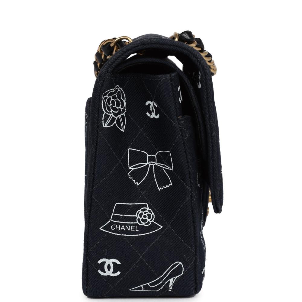 Vintage Chanel Medium Icon Print Double Flap Bag Navy Canvas Brushed Gold Hardware