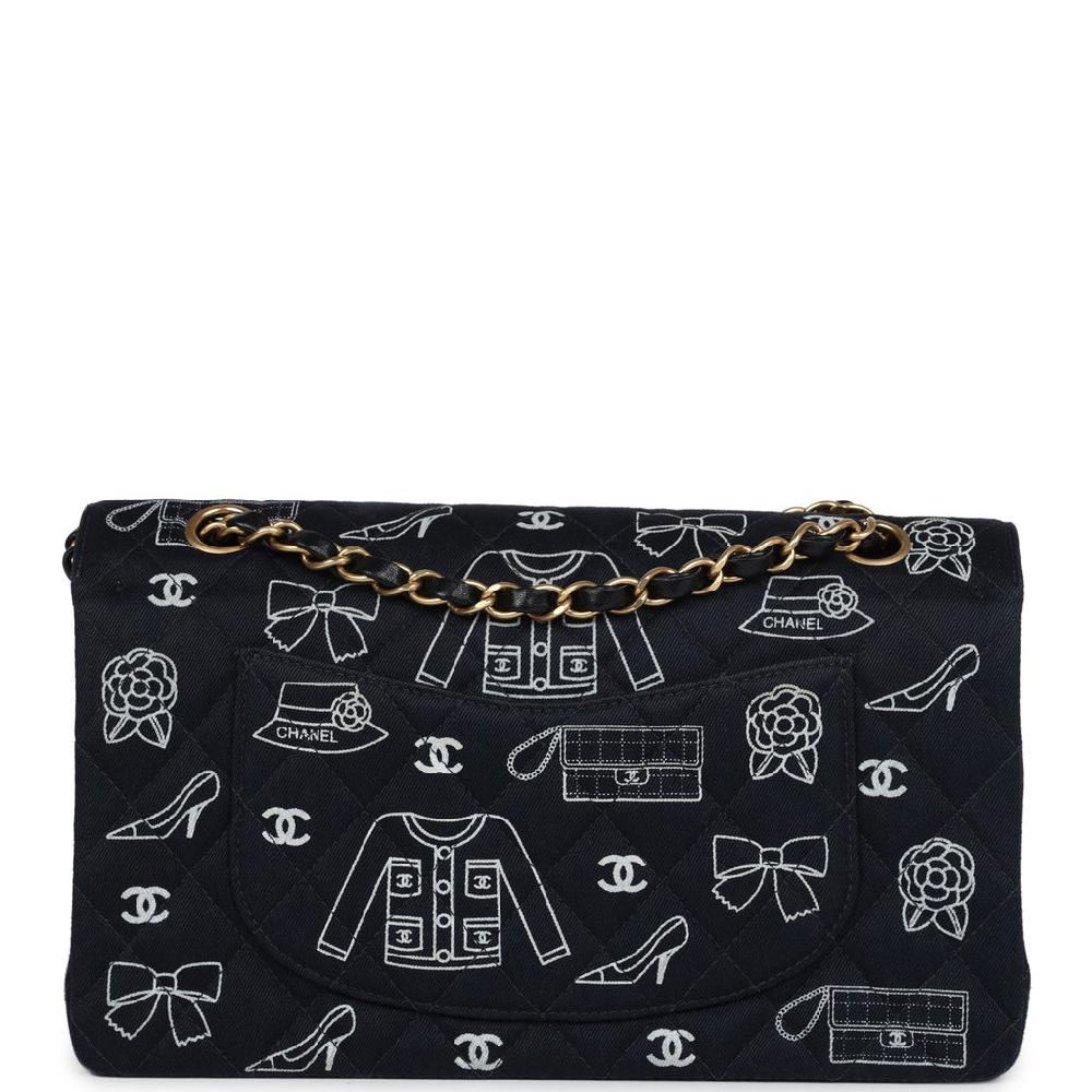 Vintage Chanel Medium Icon Print Double Flap Bag Navy Canvas Brushed Gold Hardware