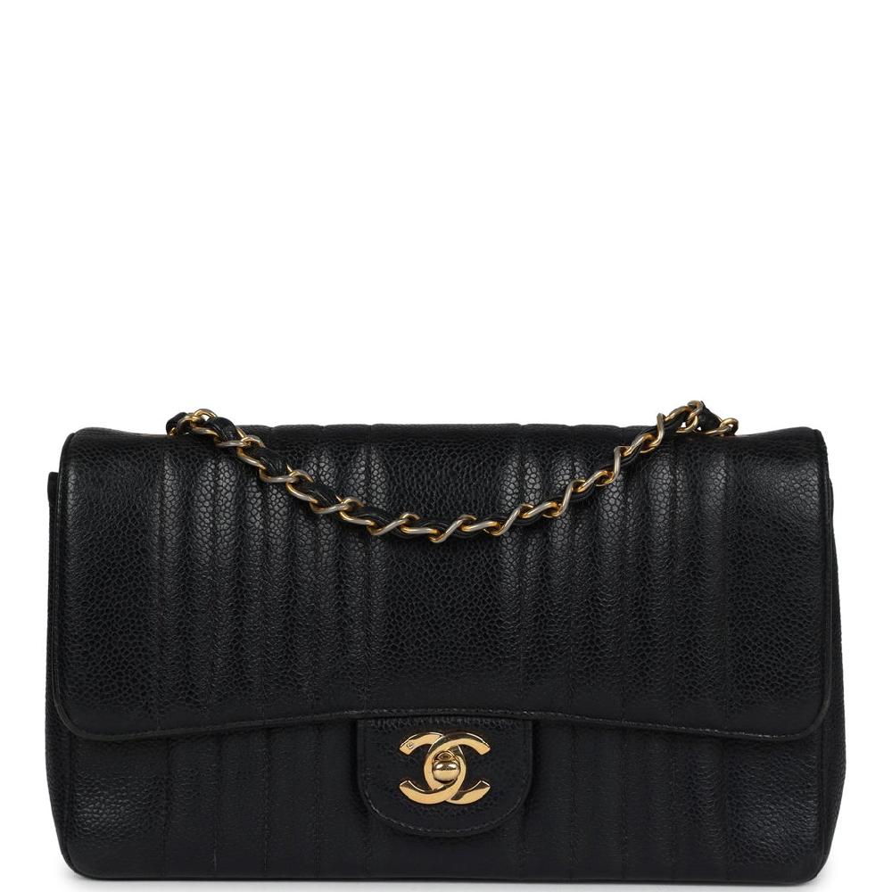 Vintage Chanel Medium Vertical Flap Bag Black Caviar Gold Hardware